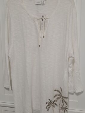 Chico's White Long-Sleeve Tunic with Sequin Palm Detail Sz 14/16 L/XL NWT